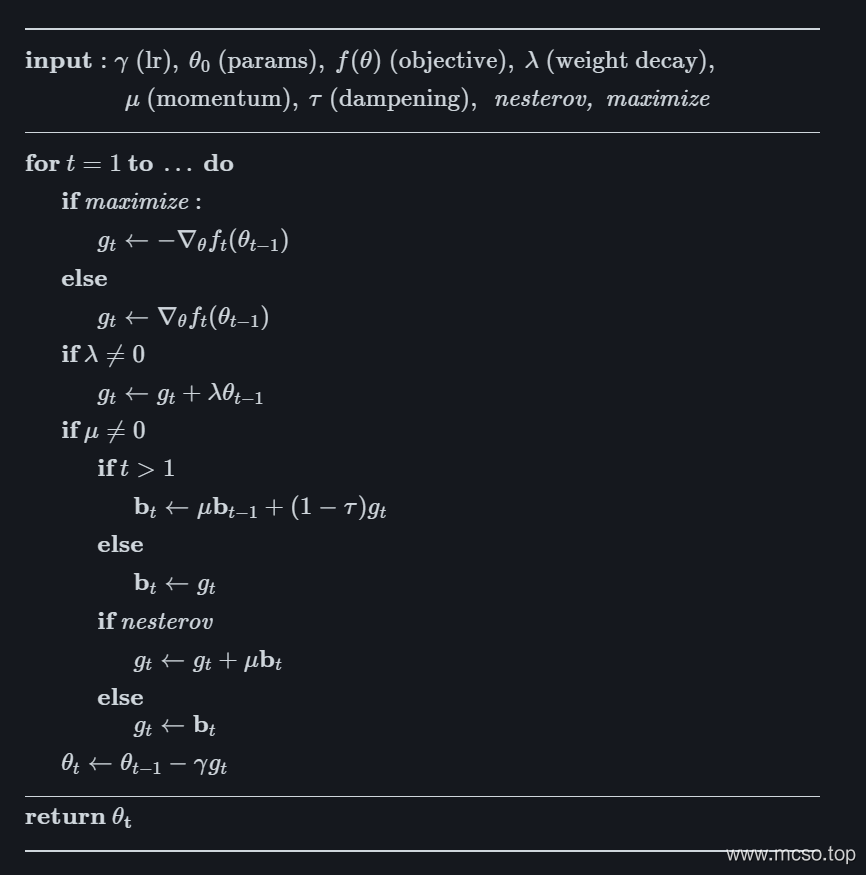pytorch 中的 SDG 优化器详解 (torch.optim.SDG) pytorch 中的 SDG 优化器详解 (torch.optim.SDG)
